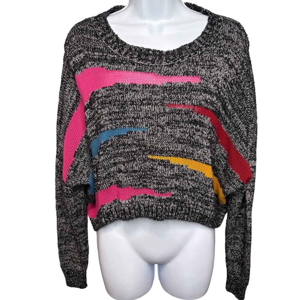 PLANET BY LAUREN G Womens Black Marled Knit Batwing Cropped Sweater One Sz Retro
